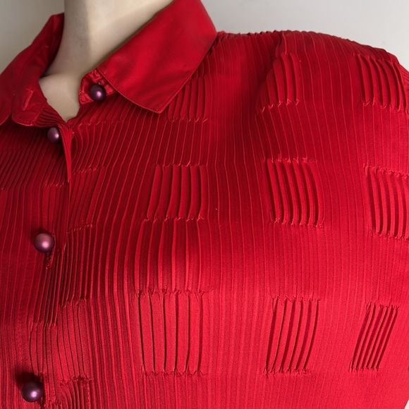 Red Silky Textured Long Sleeve Button Shirt - Picture 12 of 16